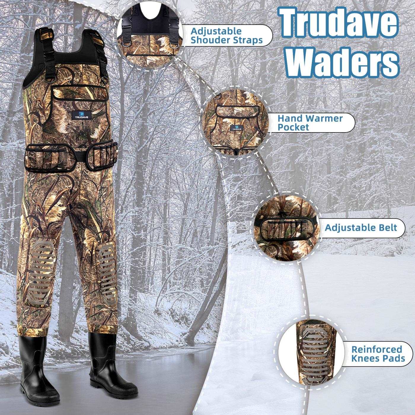 Front view of Trudave AquaFort Series waterproof neoprene hunting chest waders with boots – reed camo design featuring adjustable shoulder straps, waterproof chest pocket, reinforced knee pads, and waist belt for cold-weather hunting